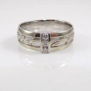Na Hoku Maile Leaf 18K White Gold/3-Diamond Wedding Band - Size 10